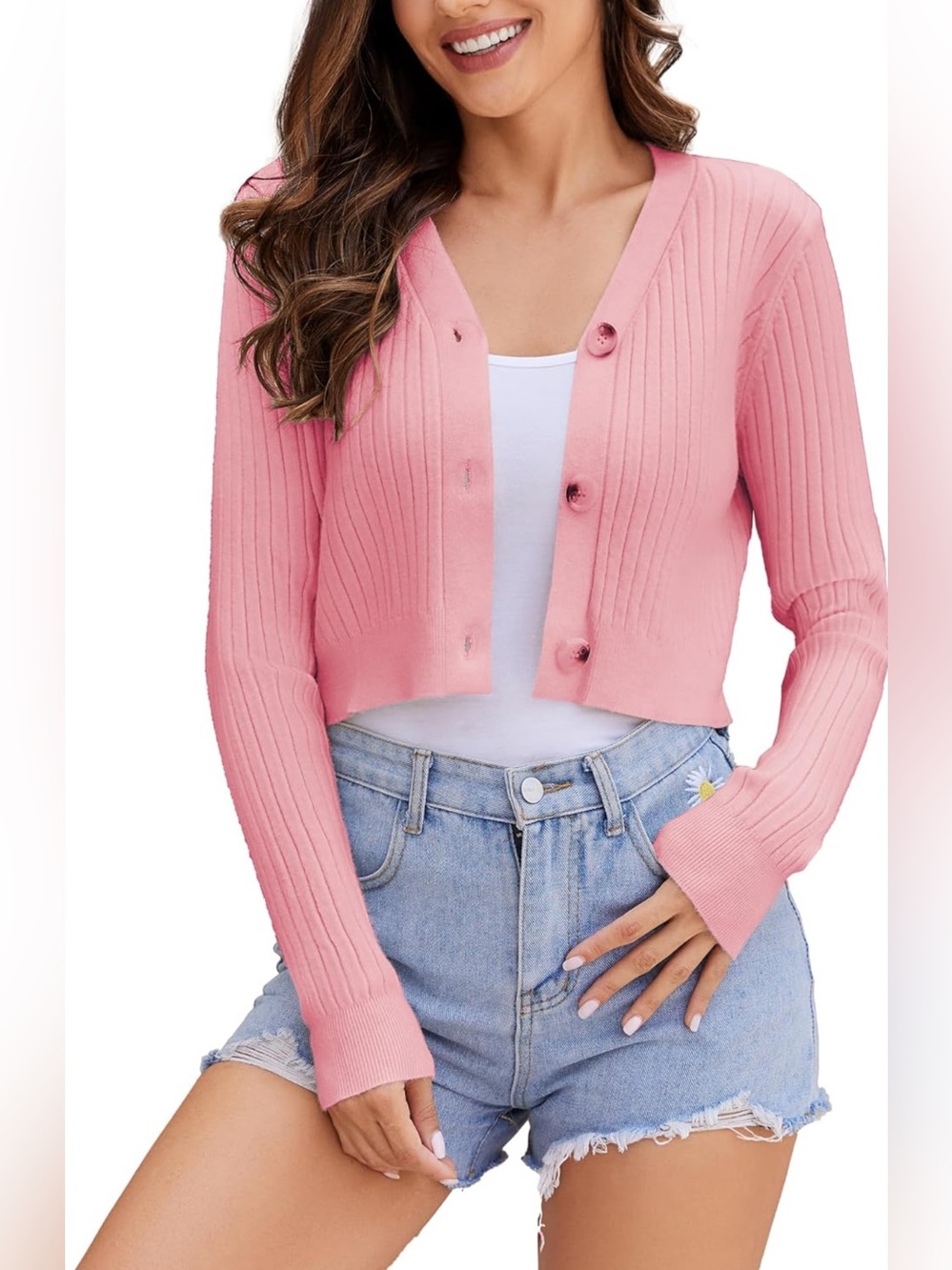 2/$30 Women’s Pink Ribbed Cropped Button Cardigan Sweater